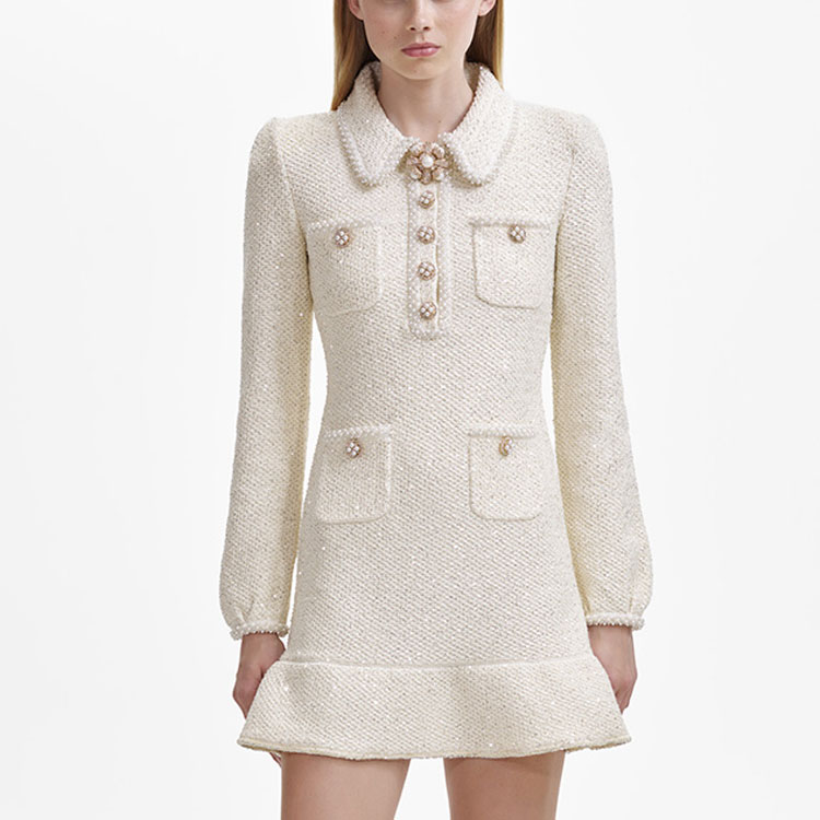 (Women) Self-Portrait  Ivory White Knit Long-Sleeve Dress with Pearled Accent SWF344M02800 圖 3