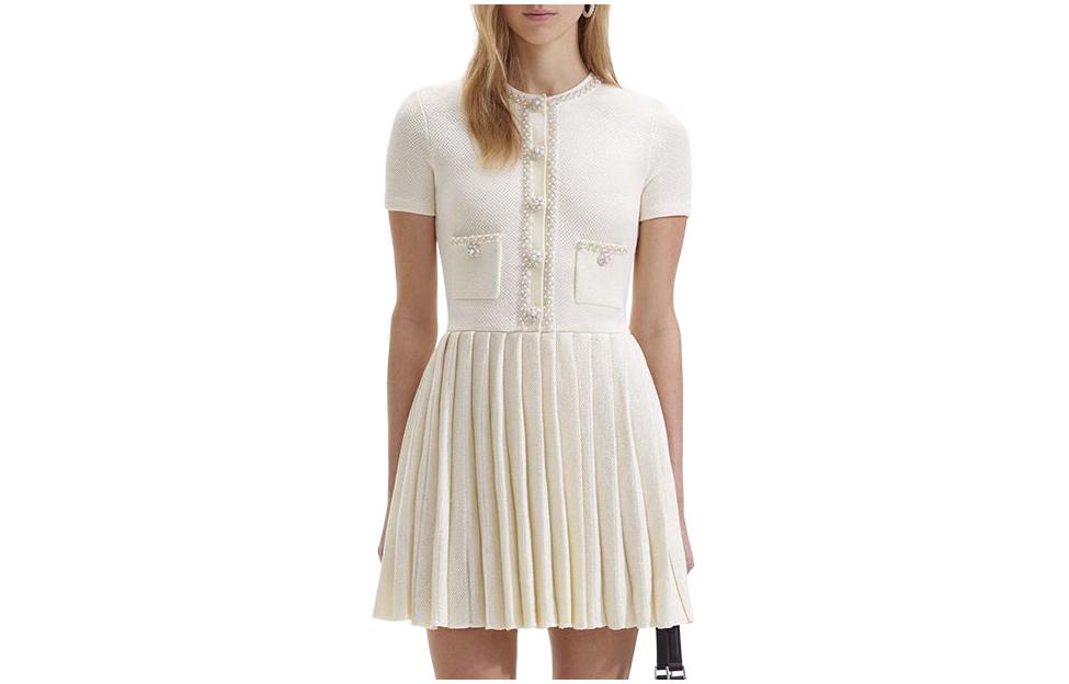 (Women) Self-Portrait  Ivory White Knit Short Sleeve Mini Dress. SWF352M06100