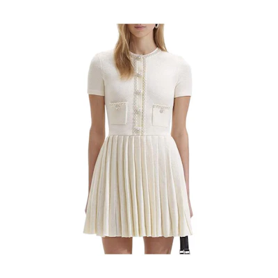 (Women) Self-Portrait Ivory White Knit Short Sleeve Mini Dress. SWF352M06100