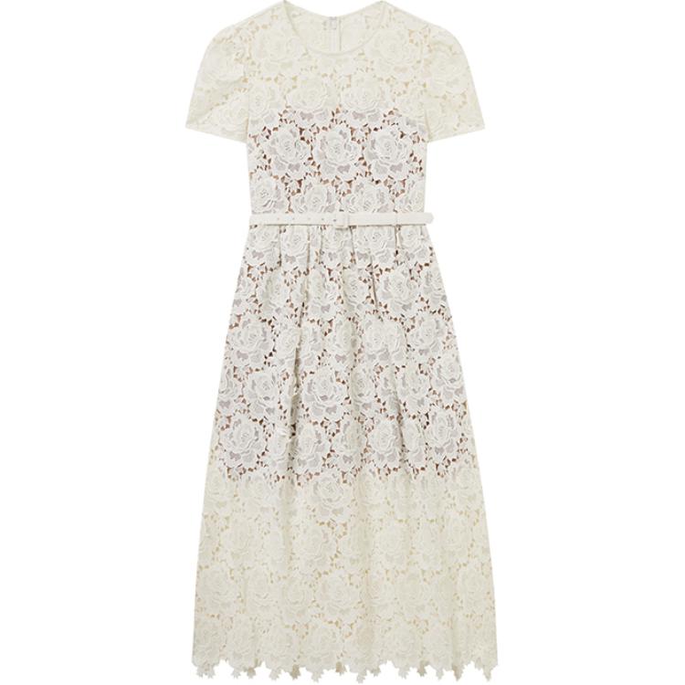 (Women) Self-Portrait  Ivory White Lace Midi Dress Short Sleeve Round Neck SWF353Y06100