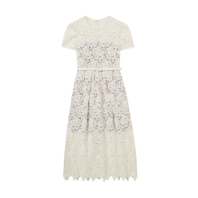 (Women) Self-Portrait Ivory White Lace Midi Dress Short Sleeve Round Neck SWF353Y06100