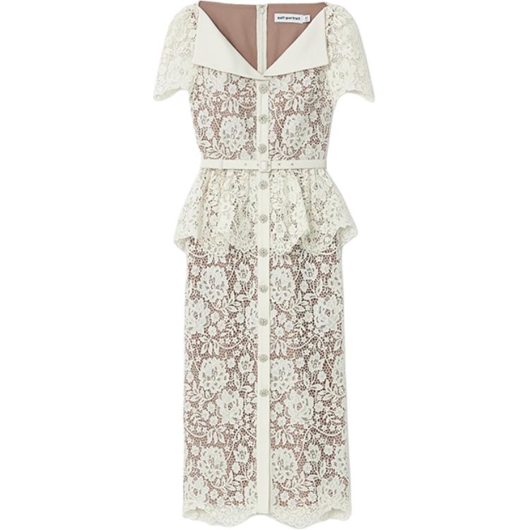 (Women) Self-Portrait  Ivory White Lace Midi Dress with Collar and Short Sleeves SWF353Y06300