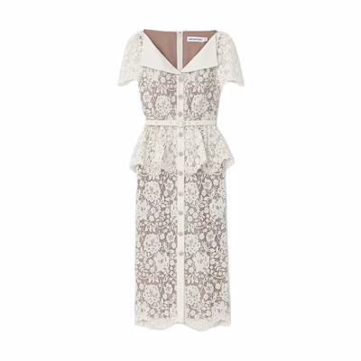(Women) Self-Portrait Ivory White Lace Midi Dress with Collar and Short Sleeves SWF353Y06300