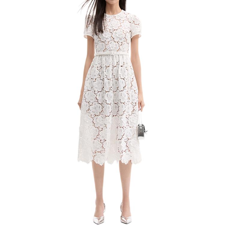 (Women) Self-Portrait  Ivory White Lace Midi Dress Short Sleeve Round Neck SWF353Y06100 圖 3