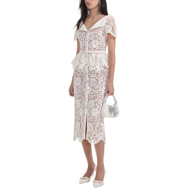 (Women) Self-Portrait  Ivory White Lace Midi Dress with Collar and Short Sleeves SWF353Y06300 圖 5