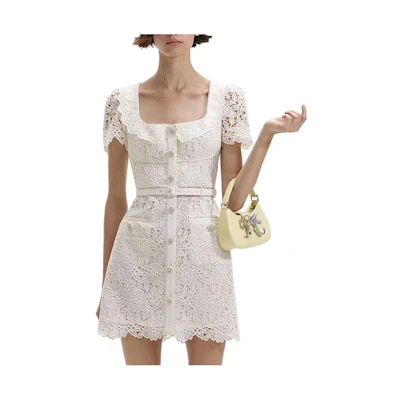 (Women) Self-Portrait Ivory White Lace Square-Neck Short-Sleeve Mini Dress SWF352Y13100
