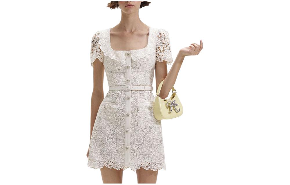(Women) Self-Portrait  Ivory White Lace Square-Neck Short-Sleeve Mini Dress SWF352Y13100 圖 2
