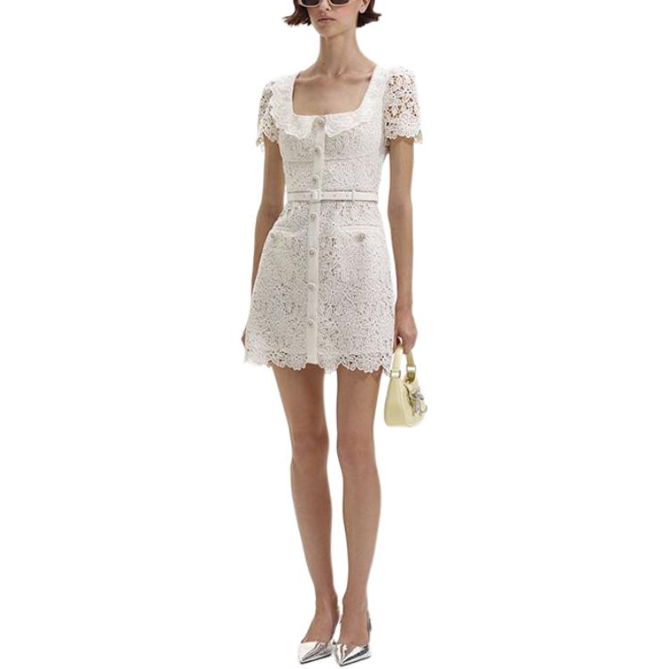 (Women) Self-Portrait  Ivory White Lace Square-Neck Short-Sleeve Mini Dress SWF352Y13100 圖 3