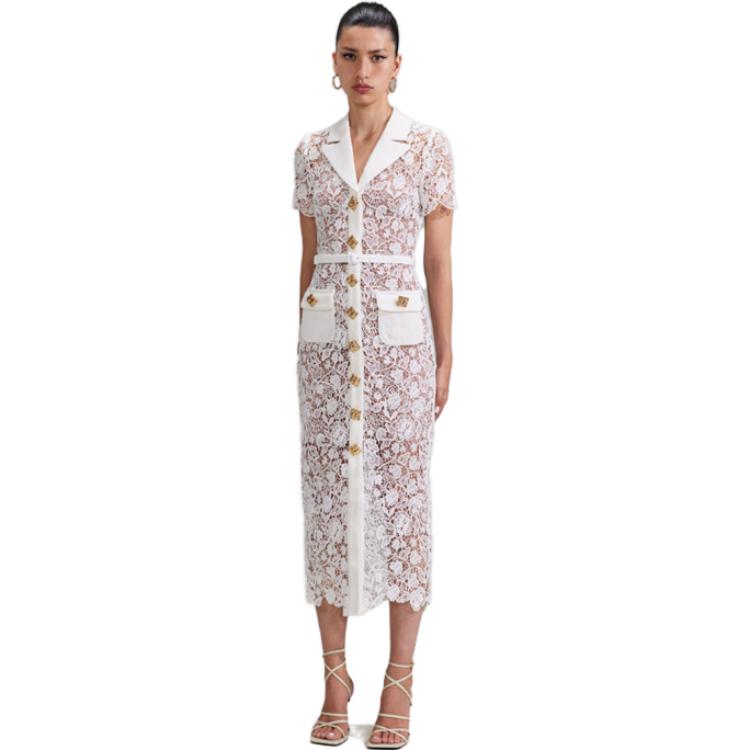 (Women) Self-Portrait  Ivory White Lace V-Neck Midi Short-Sleeve Dress SWF341Y10600 圖 4