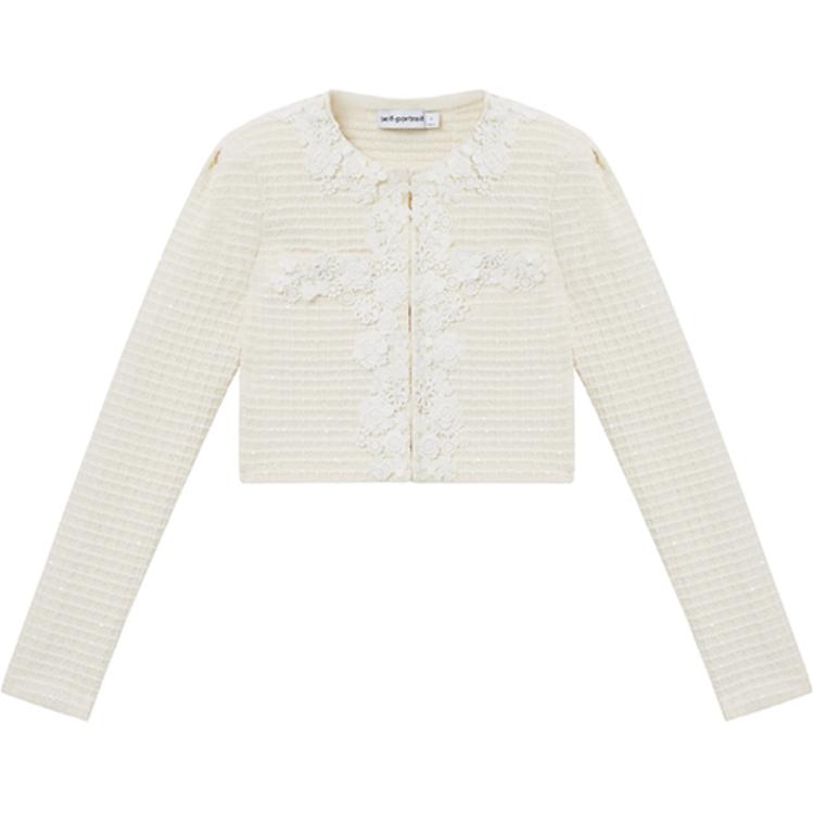 (Women) Self-Portrait  Ivory White Lace Waffle Long Sleeve Jacket. SWF351M03100