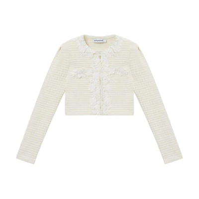 (Women) Self-Portrait Ivory White Lace Waffle Long Sleeve Jacket. SWF351M03100