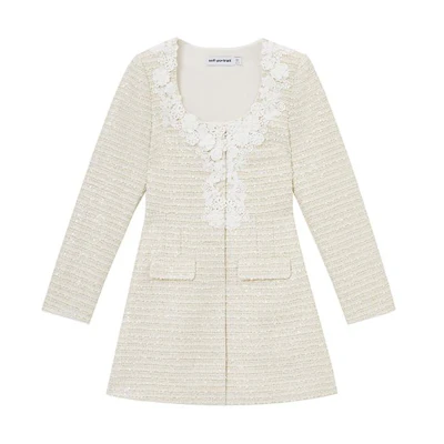 (Women) Self-Portrait Ivory White Long Sleeve Mini Dress with Waist Detail SWF351Y02400