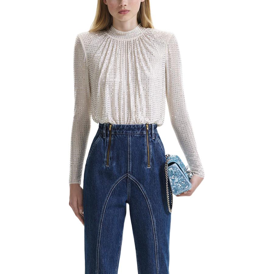 (Women) Self-Portrait  Ivory White Long Sleeve Shirt with Starry Rhinestone Design SWF344C02800