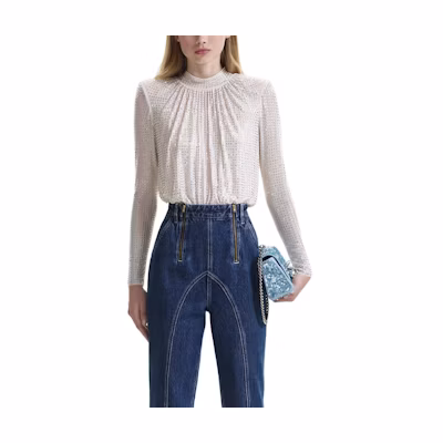 (Women) Self-Portrait Ivory White Long Sleeve Shirt with Starry Rhinestone Design SWF344C02800