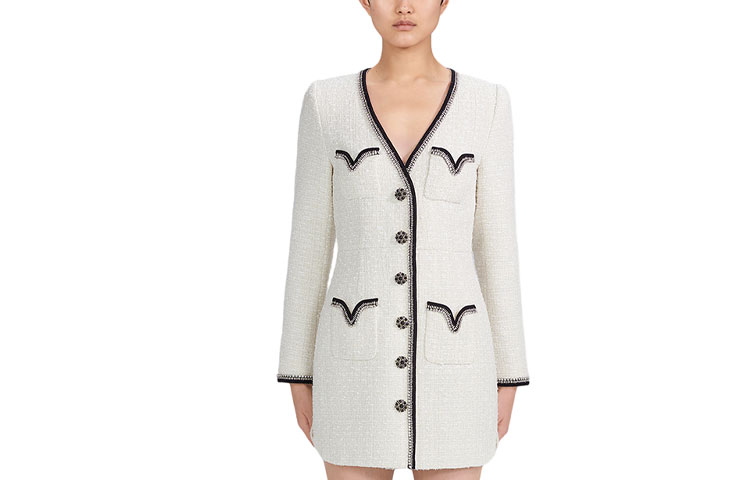 (Women) Self-Portrait  Ivory White Long Sleeve V-Neck Button Dress SWF334Y15600