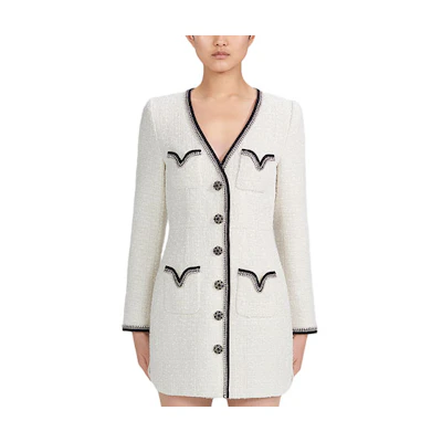 (Women) Self-Portrait Ivory White Long Sleeve V-Neck Button Dress SWF334Y15600