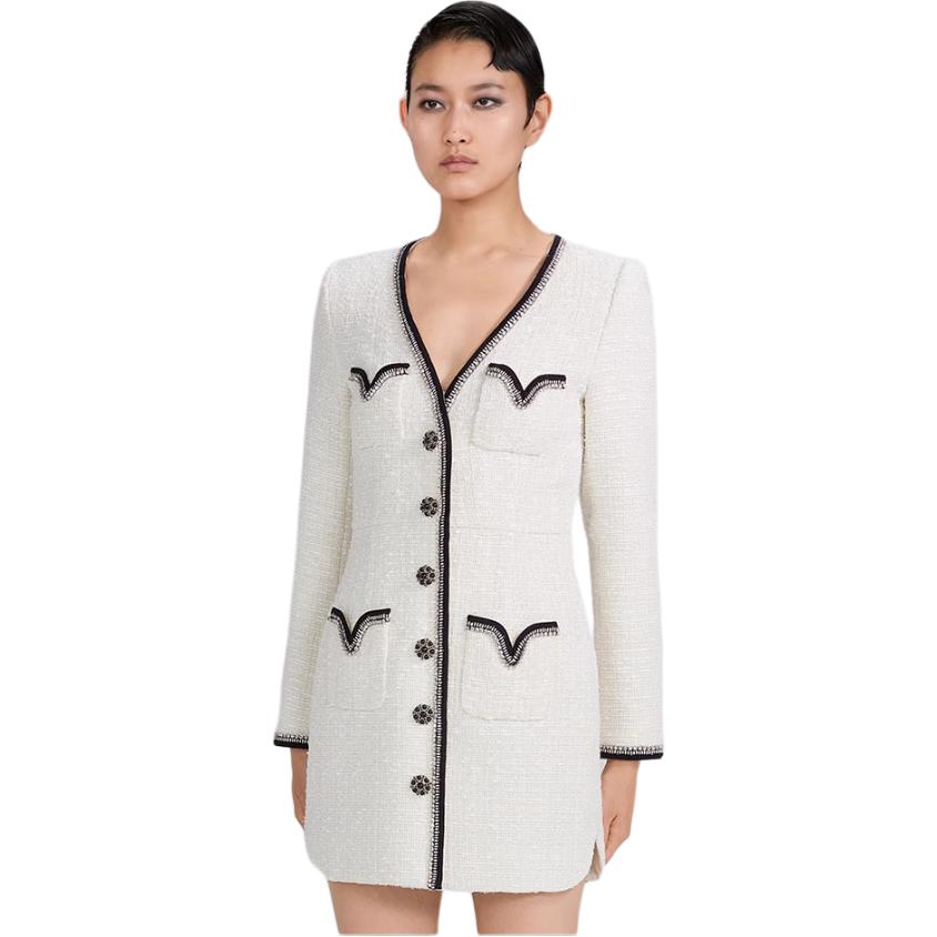 (Women) Self-Portrait  Ivory White Long Sleeve V-Neck Button Dress SWF334Y15600 圖 4