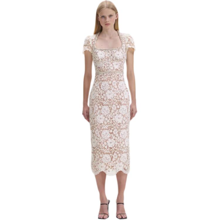 (Women) Self-Portrait  Ivory White Mid-Waist Short Sleeve Dress. SWF343Y09000