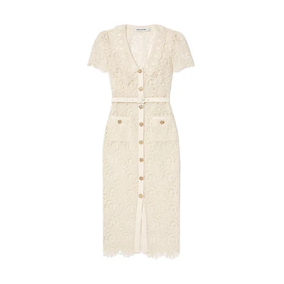(Women) Self-Portrait Ivory White Midi Dress with Collar and Cinched Waist. SWF352Y12700