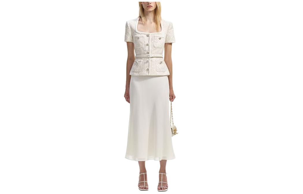 (Women) Self-Portrait  Ivory White Midi Dress with U-Neck and Short Sleeves. SWF351Y05600