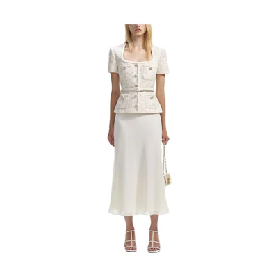 (Women) Self-Portrait Ivory White Midi Dress with U-Neck and Short Sleeves. SWF351Y05600