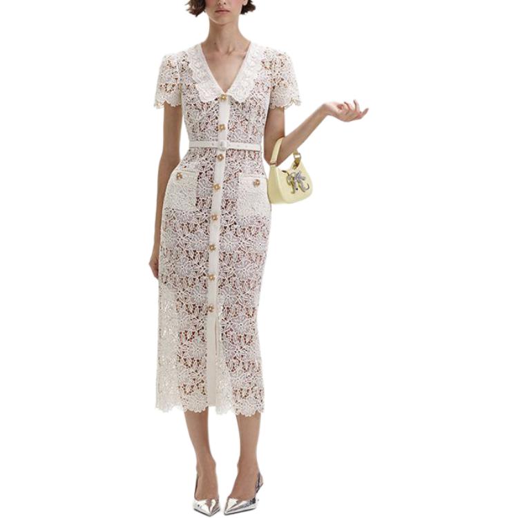 (Women) Self-Portrait  Ivory White Midi Dress with Collar and Cinched Waist. SWF352Y12700 圖 3
