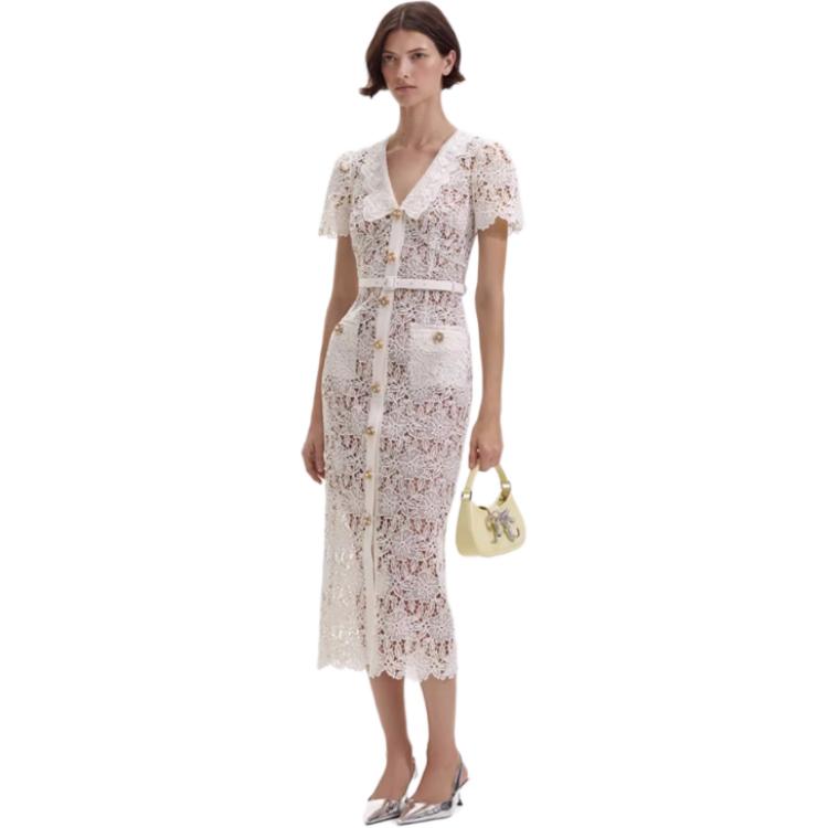 (Women) Self-Portrait  Ivory White Midi Dress with Collar and Cinched Waist. SWF352Y12700 圖 5