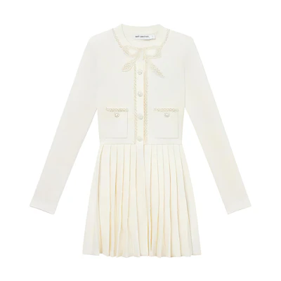 (Women) Self-Portrait Ivory White Pleated Short Long-Sleeve Dress. SWF344M03200
