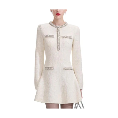 (Women) Self-Portrait Ivory White Sequin Embellished Knit Long Sleeve Dress SWF361M04900