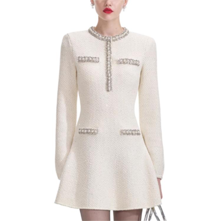 (Women) Self-Portrait  Ivory White Sequin Embellished Knit Long Sleeve Dress SWF361M04900 圖 2