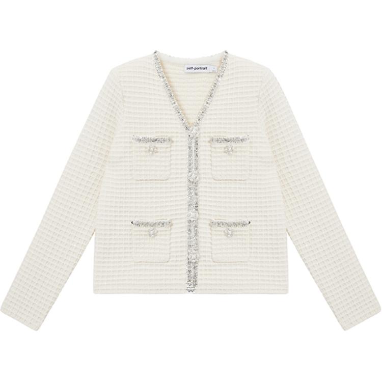 (Women) Self-Portrait  Ivory White Silver Sequin Waffle Jacket SWF351M01200