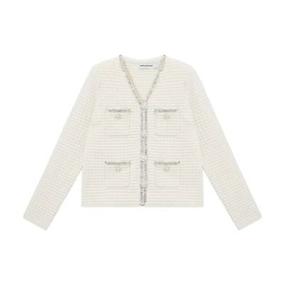 (Women) Self-Portrait Ivory White Silver Sequin Waffle Jacket SWF351M01200