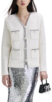 (Women) Self-Portrait Ivory White Silver Sequin Waffle Jacket SWF351M01200 Purchase (Women) Self-Portrait Ivory White Silver Sequin Waffle Jacket SWF351M01200