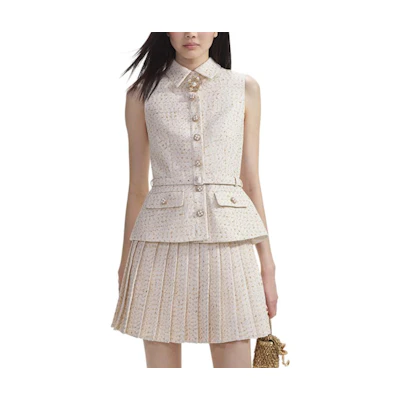 (Women) Self-Portrait Ivory White Sleeveless Short Waist Cinched Dress. SWF353Y10500
