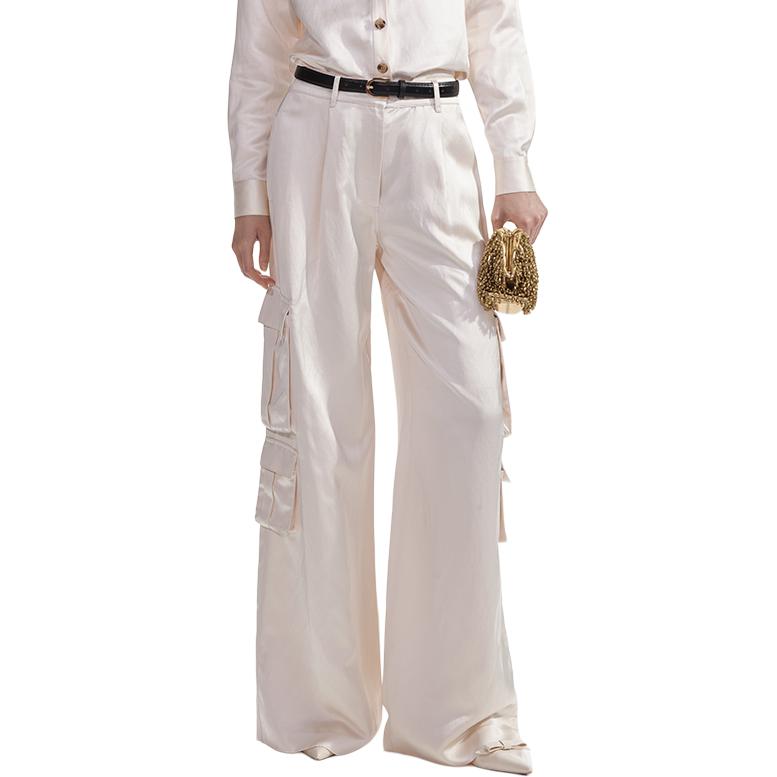 (Women) Self-Portrait  Ivory White Wide-Leg Utility Casual Pants. SWF353K02500