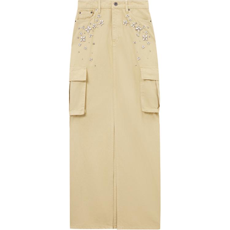 (Women) Self-Portrait  Khaki Midi Skirt with Slit and Rhinestone Detail Casual Wear SWF353Q00500