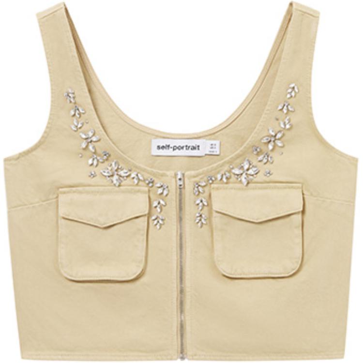 (Women) Self-Portrait  Khaki Utility Vest with Rhinestone Detail. SWF353B00600