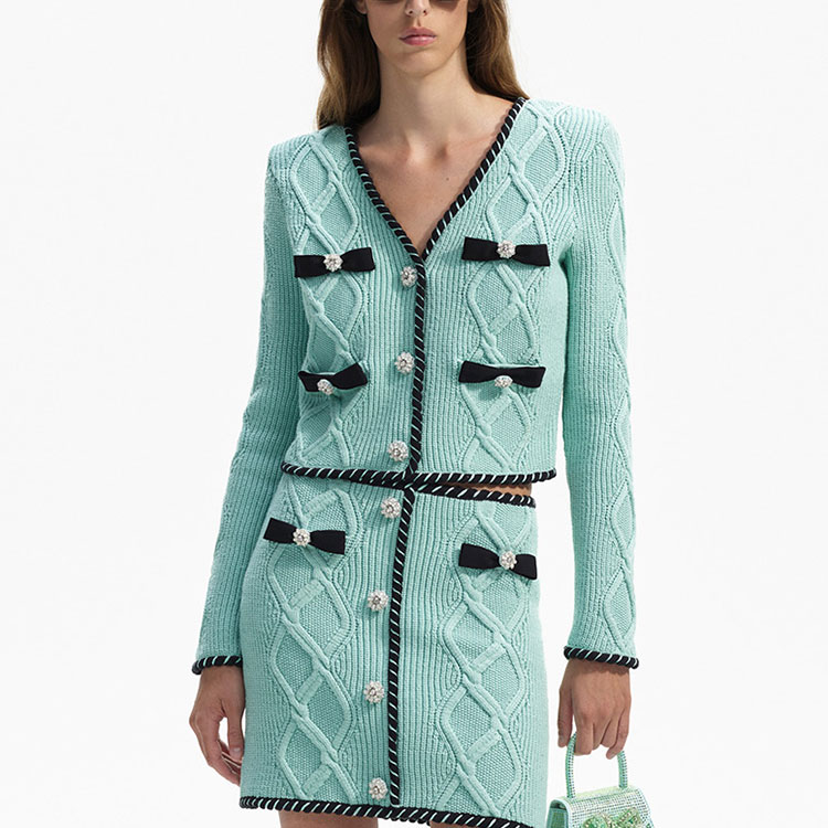 (Women) Self-Portrait  Knit Cardigan Mint Green V-Neck Bow Button Striped Sweater. SWF351M04200 圖 3