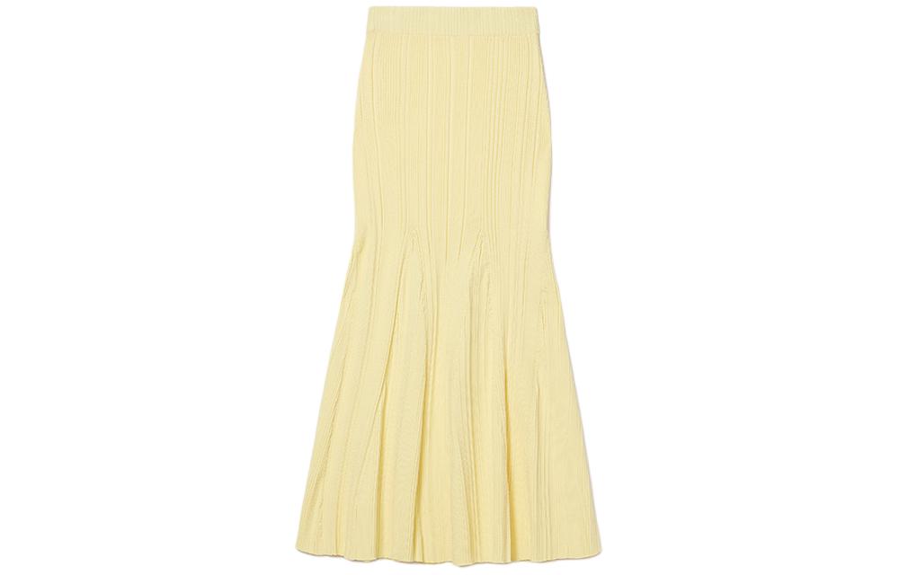 (Women) Self-Portrait  Knit Midi Pencil Skirt in Solid Cream Yellow Casual Style SWF352M05700