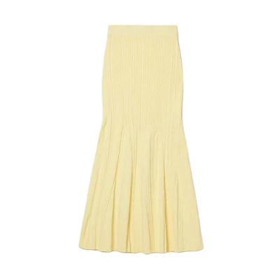 (Women) Self-Portrait Knit Midi Pencil Skirt in Solid Cream Yellow Casual Style SWF352M05700