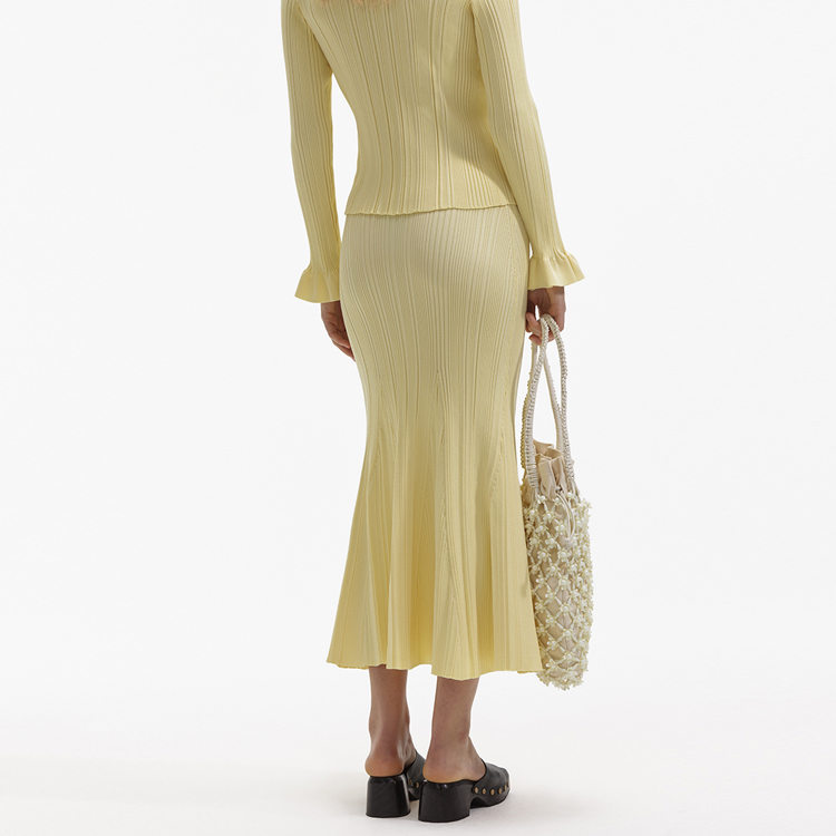 (Women) Self-Portrait  Knit Midi Pencil Skirt in Solid Cream Yellow Casual Style SWF352M05700 圖 4