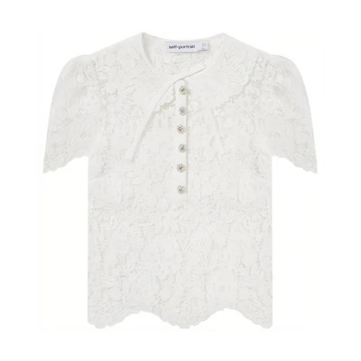 (Women) Self-Portrait Lace Floral Bow Collar White Short Sleeve Top SWF343C00800