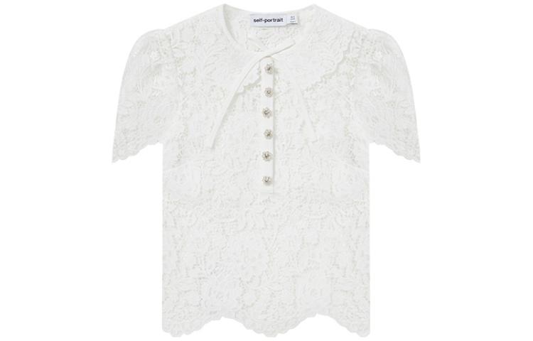 Order (W) Self-Portrait 蕾絲花卉蝴蝶結領白色短袖上衣 SWF343C00800