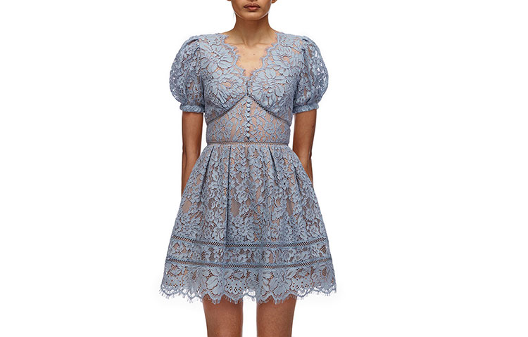 (Women) Self-Portrait  Lace Floral Puff Sleeve Short Dress in Misty Blue. SWF321Y00400