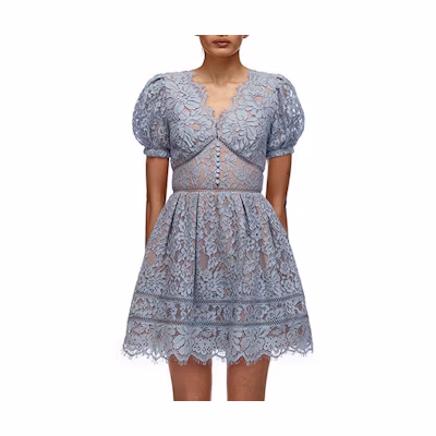 (Women) Self-Portrait Lace Floral Puff Sleeve Short Dress in Misty Blue. SWF321Y00400