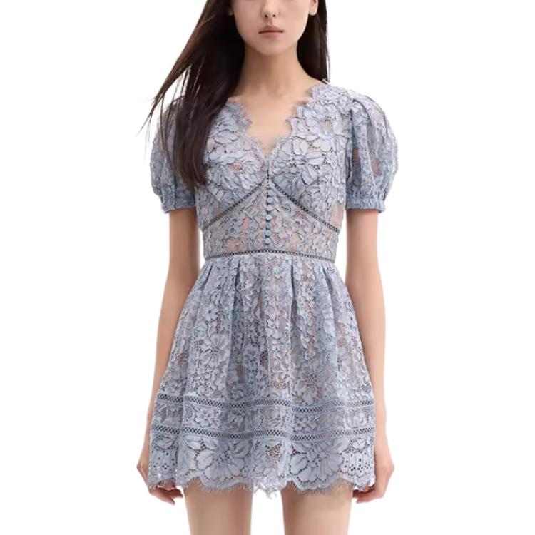 (Women) Self-Portrait  Lace Floral Puff Sleeve Short Dress in Misty Blue. SWF321Y00400 圖 6