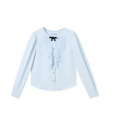 (Women) Self-Portrait Lace Long Sleeve Bow Blouse Misty Blue. SWF343C01700