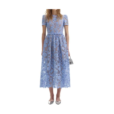 (Women) Self-Portrait Lace Midi Dress Short Sleeve in Misty Blue. SWF352Y12600