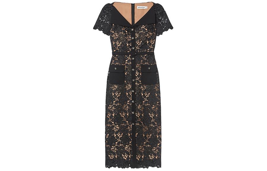 (Women) Self-Portrait  Lace Midi Dress with Collar in Classic Black SWF351Y02700