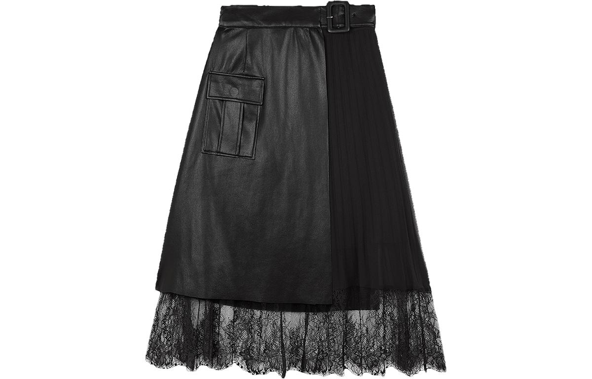 (Women) Self-Portrait  Lace Pocket High-Waist A-Line Leather Skirt - Classic Black SWF321Q07300